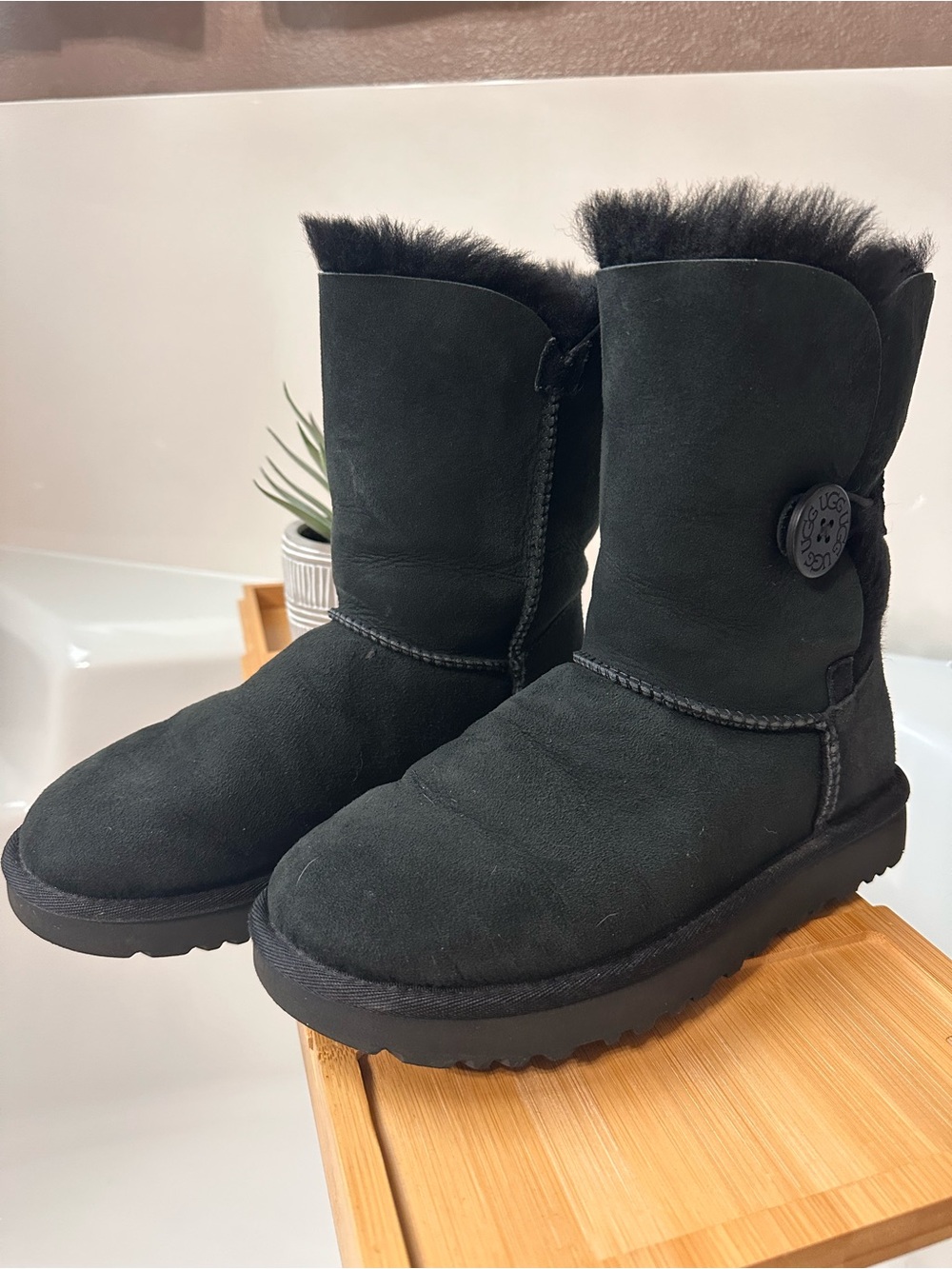 UGG Black Suede Shearling Button Winter Boots - Women's